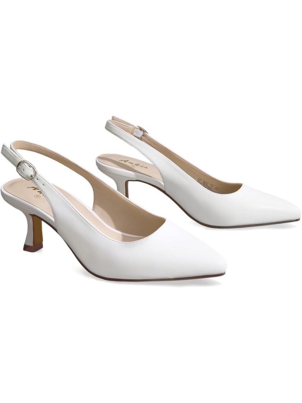 Women's Slingback Kitten Heels Pointed Toe Low Heel White Pu Pumps Dress Shoes